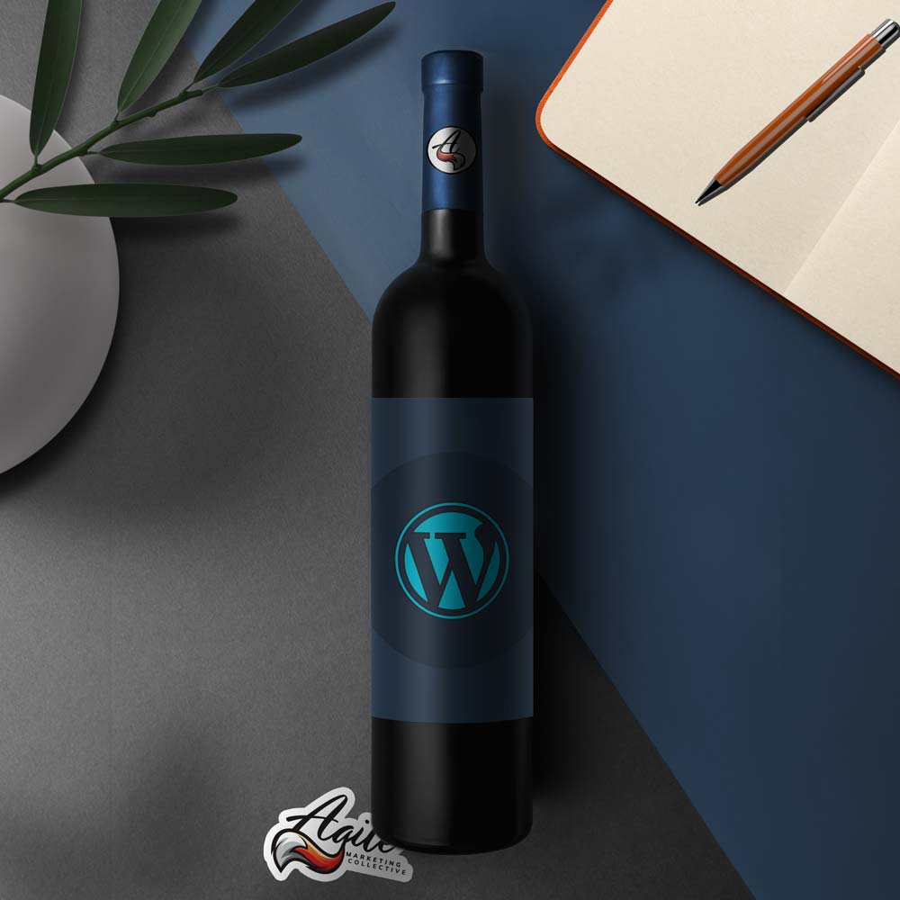 Bottle of wine with WordPress logo on the label