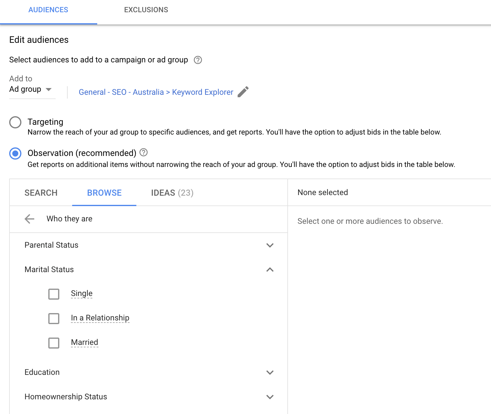 Setup screen for Google Ads showing targeting options